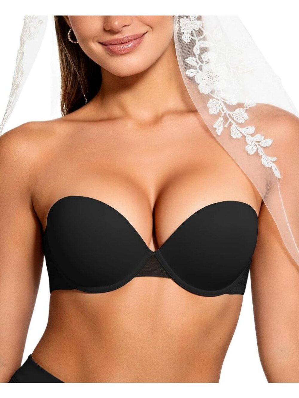 Strapless Push-Up Bra for Women, Padded, Clear Straps, Adds 1 Cup Size